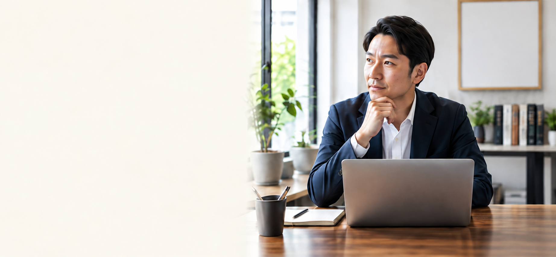 明るい事務所で相談について考える専門家のイメージ